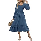 ZAFUL Womens 2025 Fall Square Neck Smocked Dresses Long Puff Sleeve Casual Flowy A Line Tiered Midi Dress