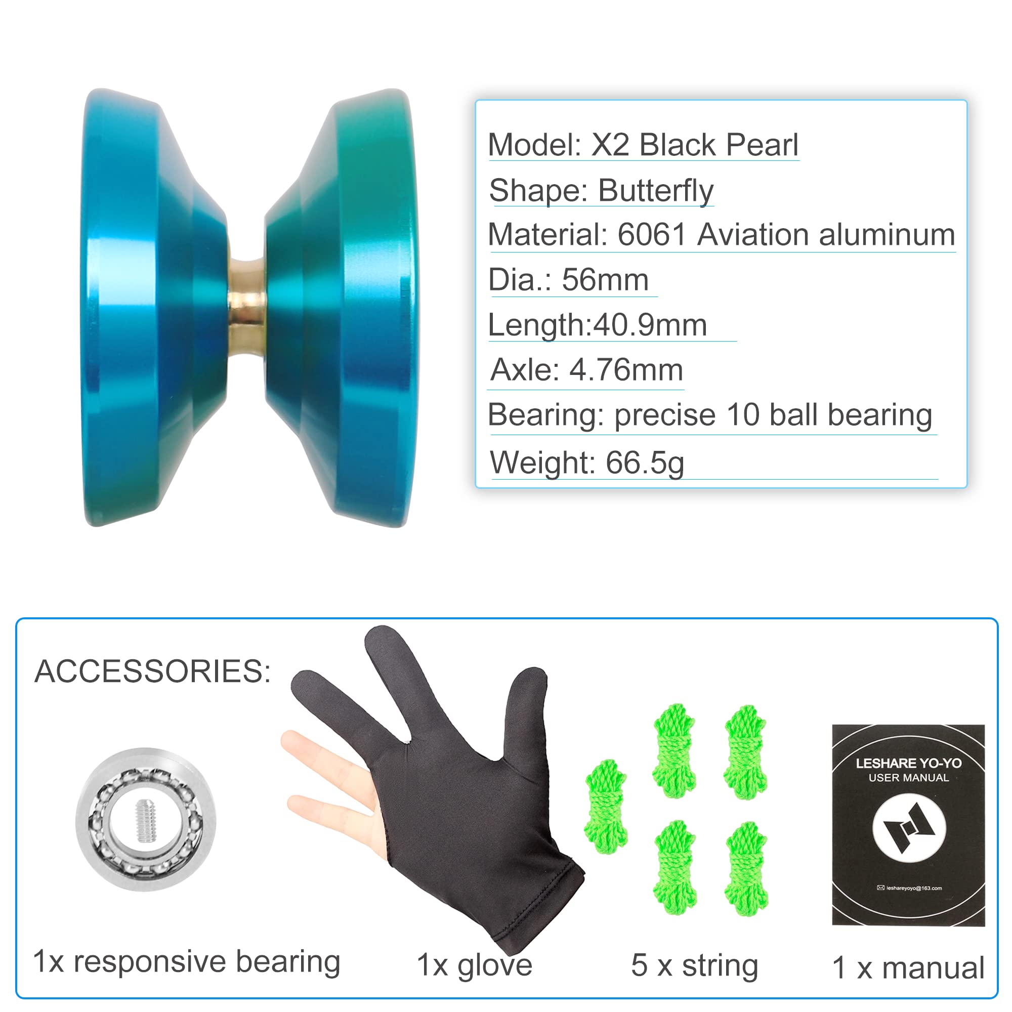 LESHARE Professional Unresponsive Yoyo for Pros and Responsive Yoyos for Beginners - Replaceable Unresponsive Bearings, Gloves, and 5 Cords Included (Blue Green)