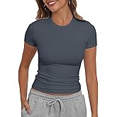 PALINDA Women's Short Sleeve T Shirts Crew Neck Slim Fitted Shirts Basic Casual Going Out Tops Sexy Y2K Tees