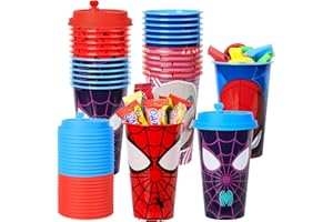 AFZMON 24 Pack Spiderman Party Favors Goodie Cups, Birthday Party Cups with 4 Designs, 16OZ Reusable Plastic Spidey and His Amazing Friends Party Supplies Decorations Cups with Lids Plugs for Boys Kids Girls