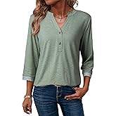 Dokotoo Womens Tops Spring Summer 3/4 Length Sleeve Fashion T-Shirts V Neck Button Down Dressy Casual Loose Basic Tee Blouses