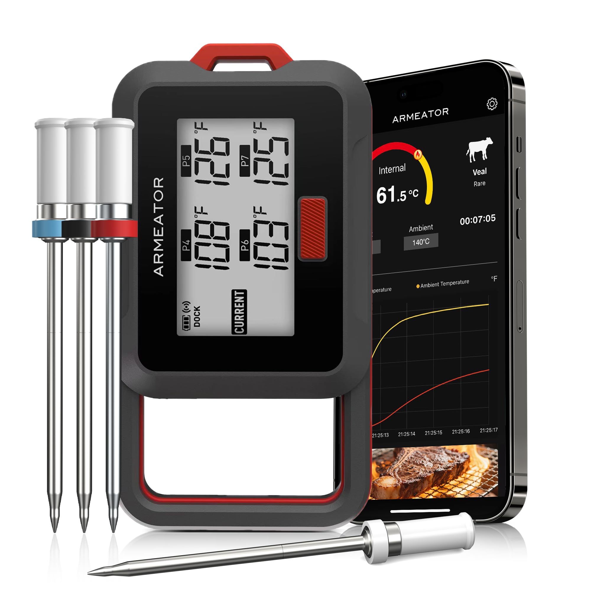 Fleischthermometer Kabellos mit APP Digital Bratenthermometer Kabellos, Grillthermometer Kabellos Bratenthermometer Digital, Backofenthermometer, Küchenthermometer LCD für Kochen, Fleisch, Grillen,BBQ