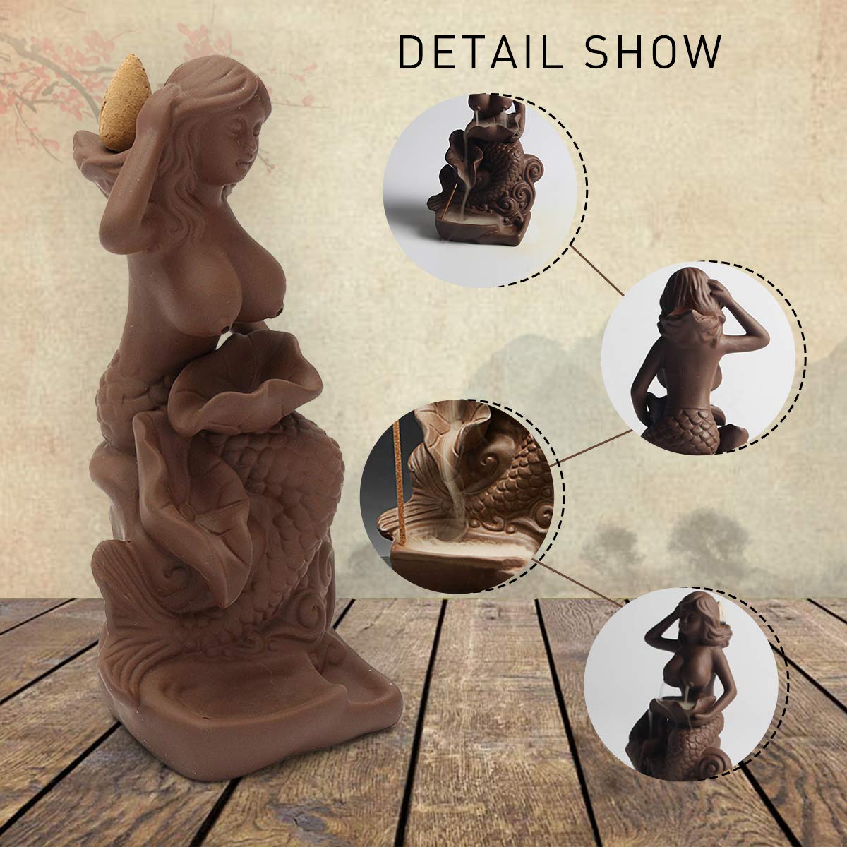 Jeteven Keramik Räucherstäbchenhalter Rückfluss Räuchergefäß Luftbefeuchter für Freies Kegel \'\'Meerjungfrau\'\' Aromatherapie Räucherstäbchen Rückfluss Weihrauch (8 x 7 x 17.5 cm)