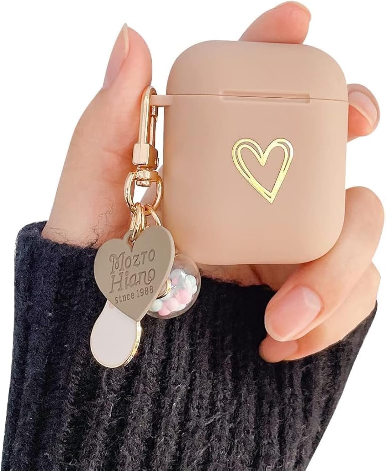 Ownest Compatible with AirPods Case Soft TPU with Gold Heart Pattern Cute Lucky Ball Keychain Shockproof Cover Case for Girls Woman Airpods 2 &1-Brown