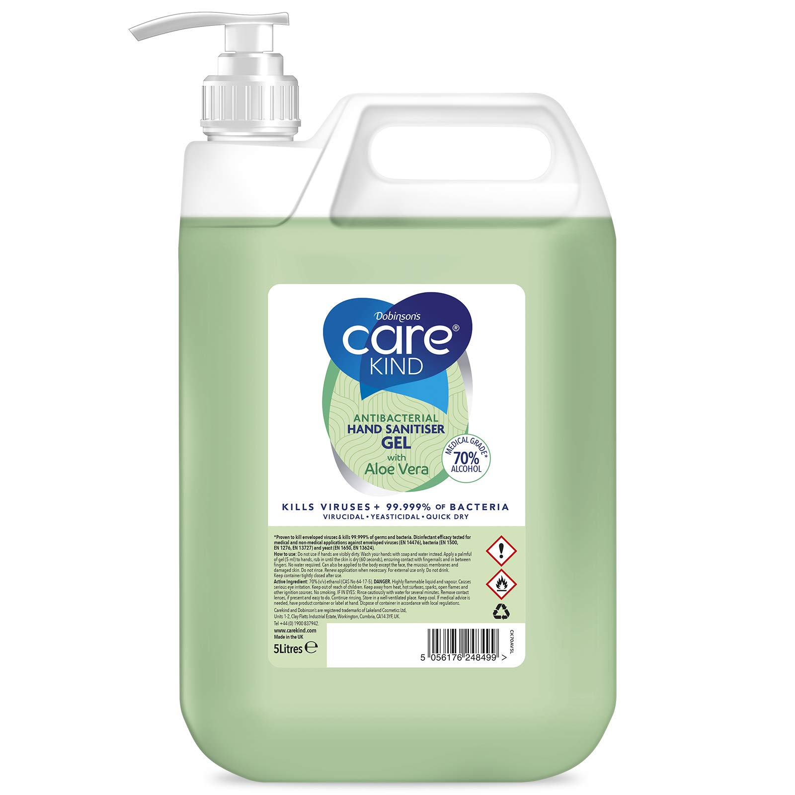 70% Hand Sanitiser Gel 5 Litre - with Aloe Vera Extract - Antibacterial Hand sanitizer gel Kills Viruses & 99.999% of bacteria. With pump dispenser (Single)