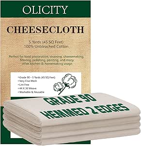 Olicity Cheesecloth, Grade 90, 45 Square Feet, 100% Unbleached Cheese Cloth Cotton Fabric Ultra Fine Muslin Cloths Reusable Cheese Cloths for Straining, Cooking, Baking, Halloween Decoration - 5 Yards
