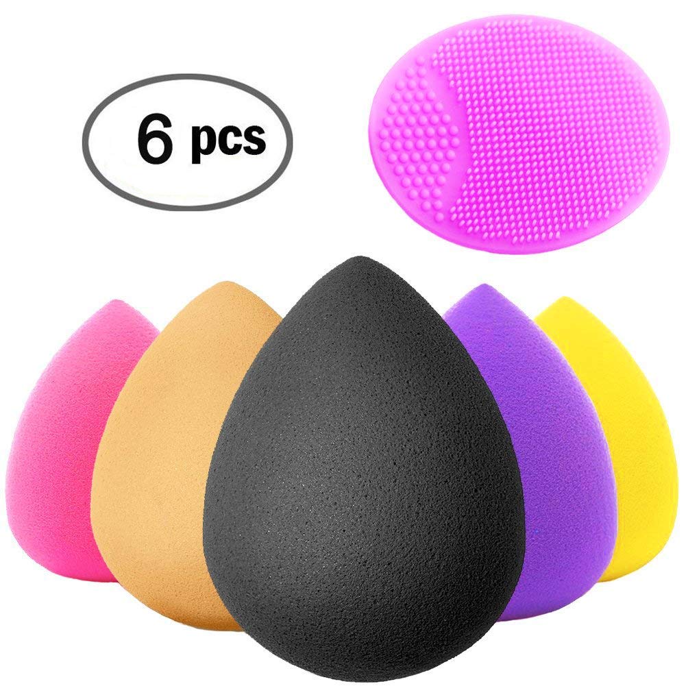 Crafteeze 6 Piece Beauty Makeup Blender Sponge Set - Powder, BB Cream, Concealer, Blush, Primer and Foundation - Cosmetic Blending and Contour Applicator with Face Exfoliating Pad - Latex Free