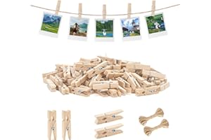 jijAcraft Mini Clothespins with String - 100Pcs Small Wooden Clothes Pins, Natural Brown Photo Hanging Clips, Craft Clips for Picture, Cocktails Decor, Baby Shower, Wedding