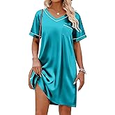 Ekouaer Satin Nightgowns for Women Silk Sleep Shirt Silky Loose Sleepwear V Neck Nightshirt Short Sleeve Pajamas