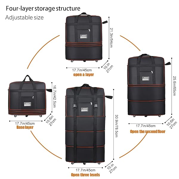 EXPANDABLE LARGE CAPACITY TRAVEL BAG OXFORD CLOTH DUFFEL BAG WITH WHEELS LIGHTWEIGHT WATERPROOF TRAVEL FOLDABLE SUITCASE(BLACK)