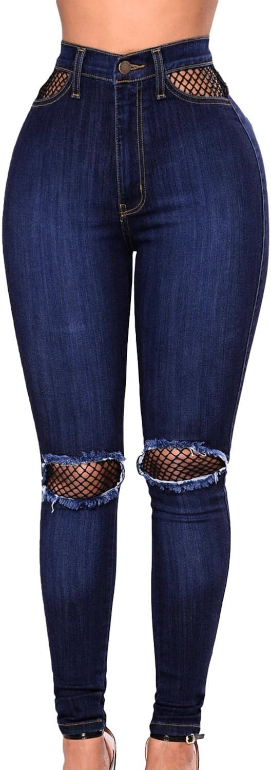 Sidefeel Women High Waist Mesh Denim Destroyed Jeans XXLarge
