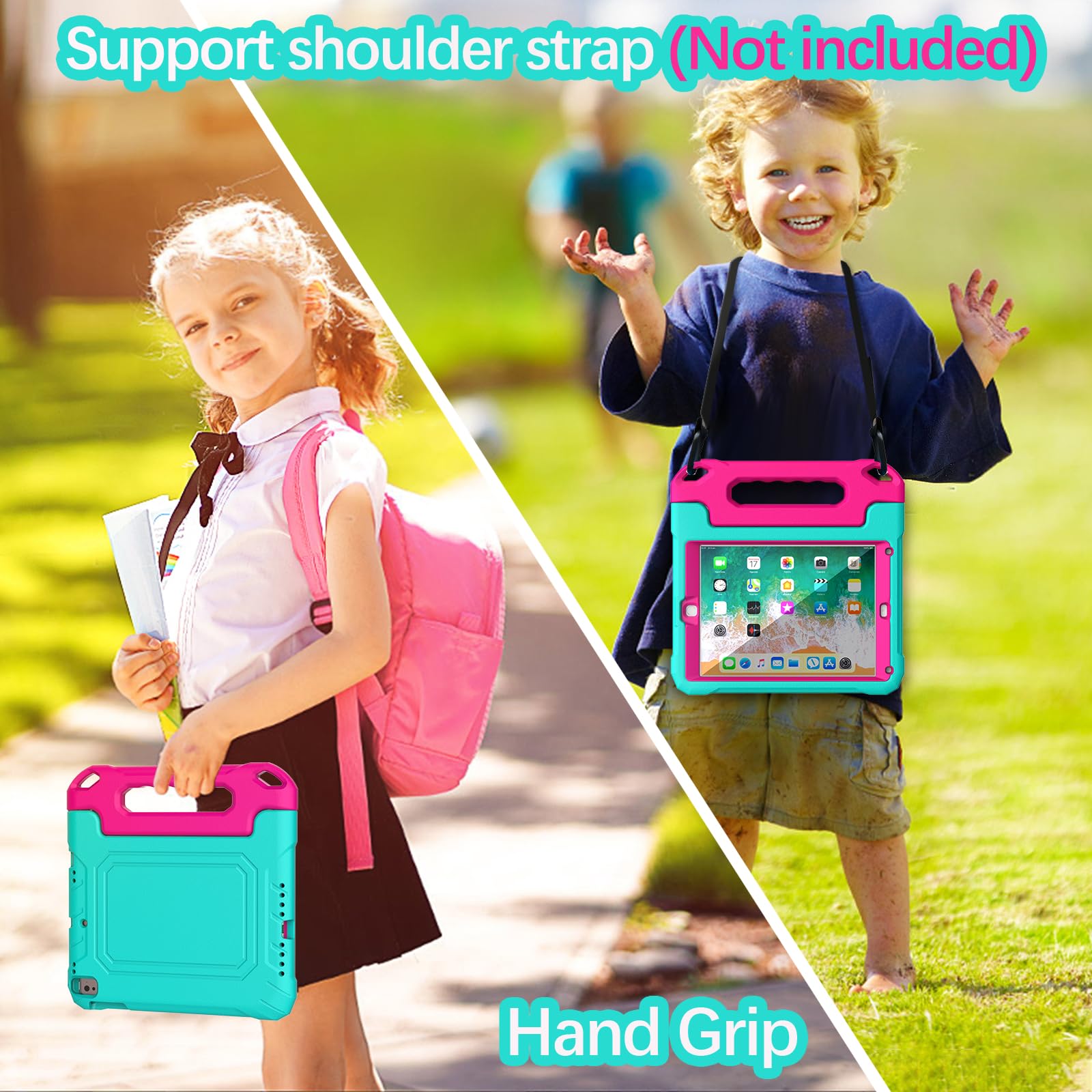 YIHE Kids Case for iPad 9.7 Inch with Screen Protector, Shockproof Handle Convertible Stand Case for iPad 9.7 6th/5th Generation 2018/2017, iPad Air 2/1& iPad Pro 9.7, Cyan&Pink