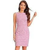 Allegra K Tweed Dress for Women's Business Boat Neck Sleeveless Plaid Sheath Dresses