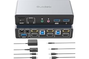 SUIDEK HDMI KVM Switch 2 Monitors 2 Computers, Dual Monitor USB KVM Switches 4K@60Hz, HDMI Extended/Mirror Display for 2 PC S