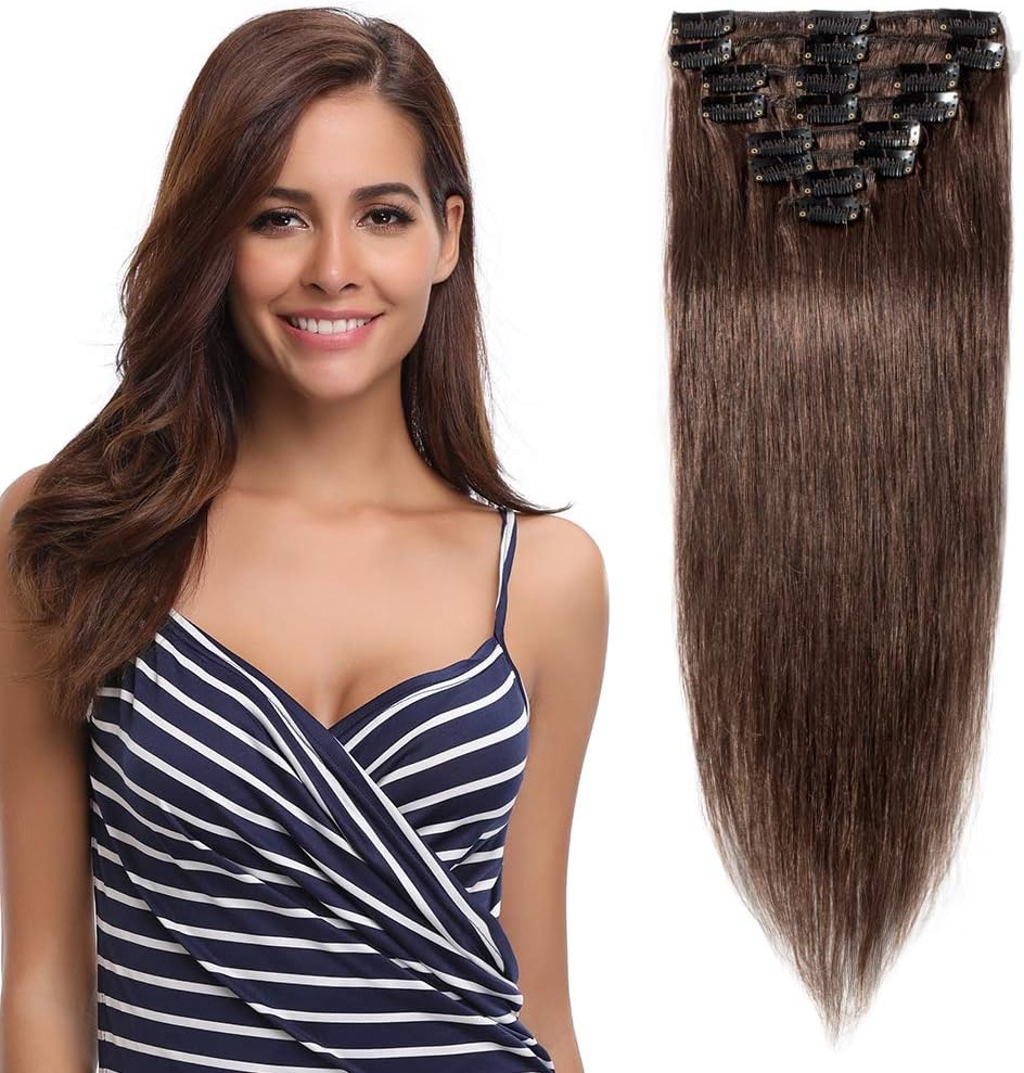 Elailite Hair Extensions Real Human Hair Clip in 8 Pieces (Thin Weft) Remy Natural Hair Full Head Straight, #4 Medium Brown