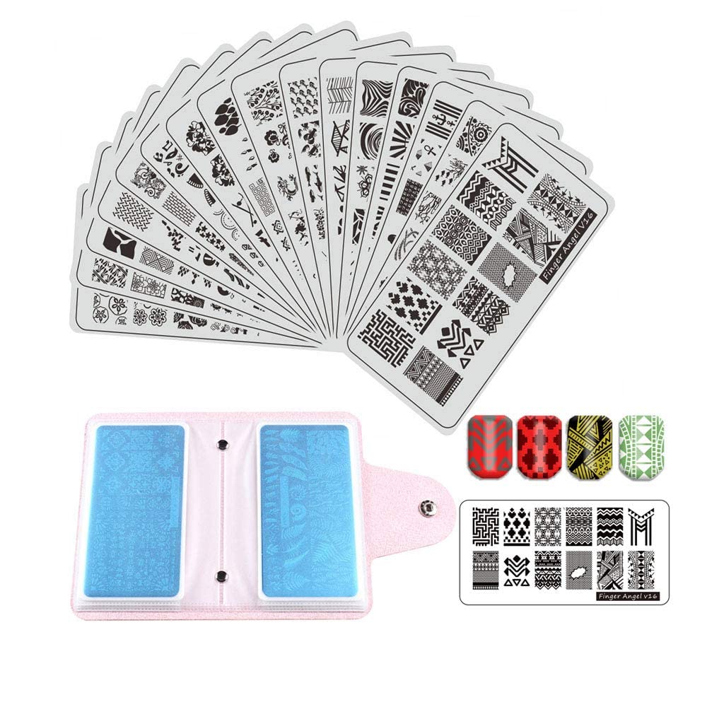 FingerAngel 16Pcs pcs Nail Stamping Kit Stamping Plates Tool Leaves Flowers Animal Image Stamp Templates Stamping Kit Nail Stamper Set with 2 Stamper + 2 Scraper + 1 Nail Plate Storage Bag V1-16