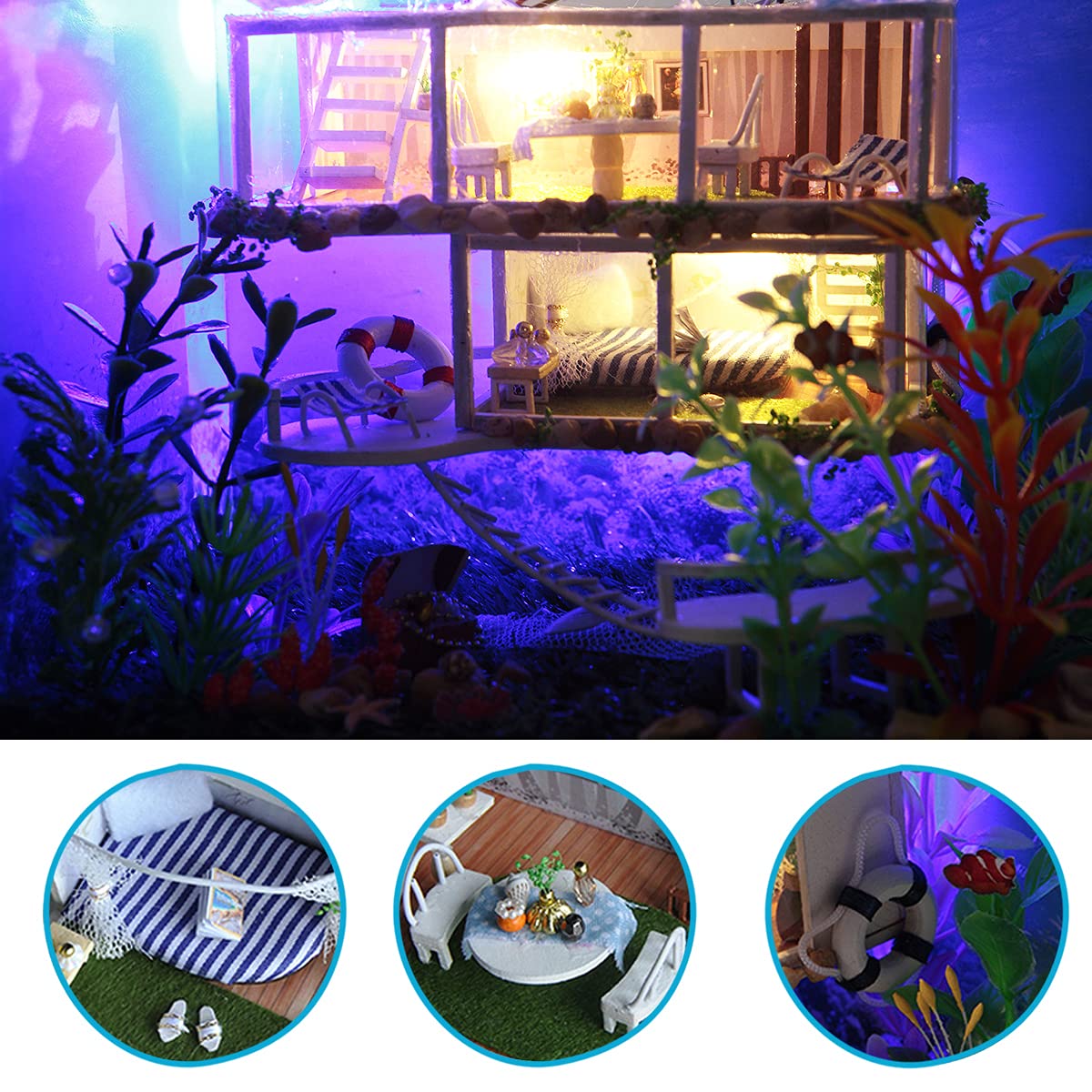 GuDoQi DIY Miniature Dollhouse Kit, Tiny House kit with Furniture and Dust Proof, Miniature House Kit 1:24 Scale Beachside Bungalow, Great Handmade Crafts Gift for Birthday Easter Day