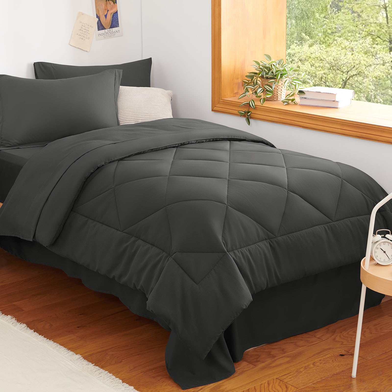 Photo 1 of CozyLux Twin XL Size Comforter Set 5 Pieces Dark Grey Twin Extra Long Bed in a Bag for College Dorm All Season Bedding Sets with Comforter, Pillow Shams, Flat Sheet, Fitted Sheet and Pillowcases