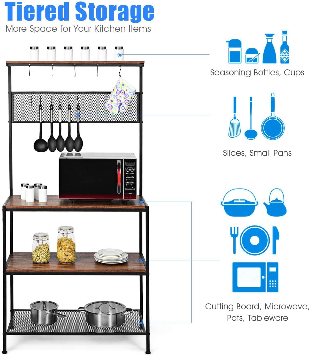 Giantex Kitchen Baker's Rack, Industrial Microwave Oven Stand, Mesh Panel with 11 Hooks, Storage Shelves for Utensils, Metal Frame, Standing Cupboard, Easy Assembly (Rustic Brown) - Standing Baker's Racks