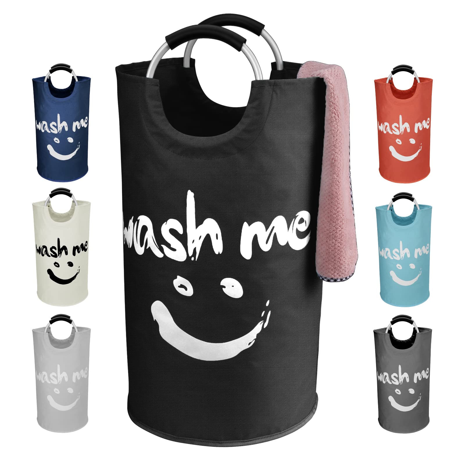 IHOMAGIC 115L Extra Large Laundry Basket, Collapsible Laundry Hamper with Aluminium Handle Washing Bin with Smiley face, Freestanding Storage bin for Clothes Toys, Basket Organiser for Travel (Black)