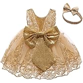 0-6T Big Bowknot Sequins Toddler Baby Girls Embroidered Lace Dresses with Headwear