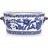 Arborus Blue and White Ceramic Planter Pot – Vintage Floral Oval Cachepot Vase for Indoor Plants, Flowers & Succulents – Glaz