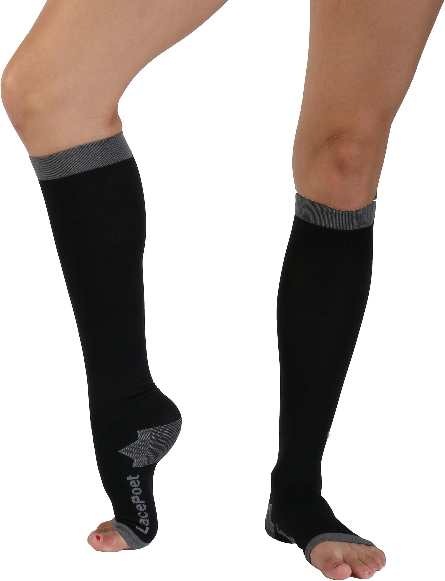 Lace Poet Knee-High Yoga/Sleep Compression Toeless Socks (Black, Medium)