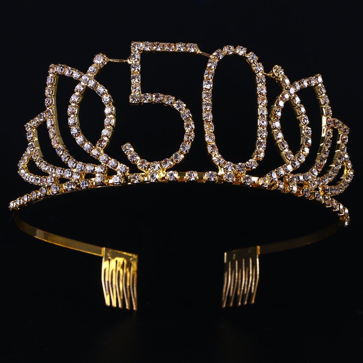 Frcolor 50th Birthday Tiara Crystal Rhinestone Women 50th Birthday Crown with Combs (Gold), Golden,Gold - Image 3