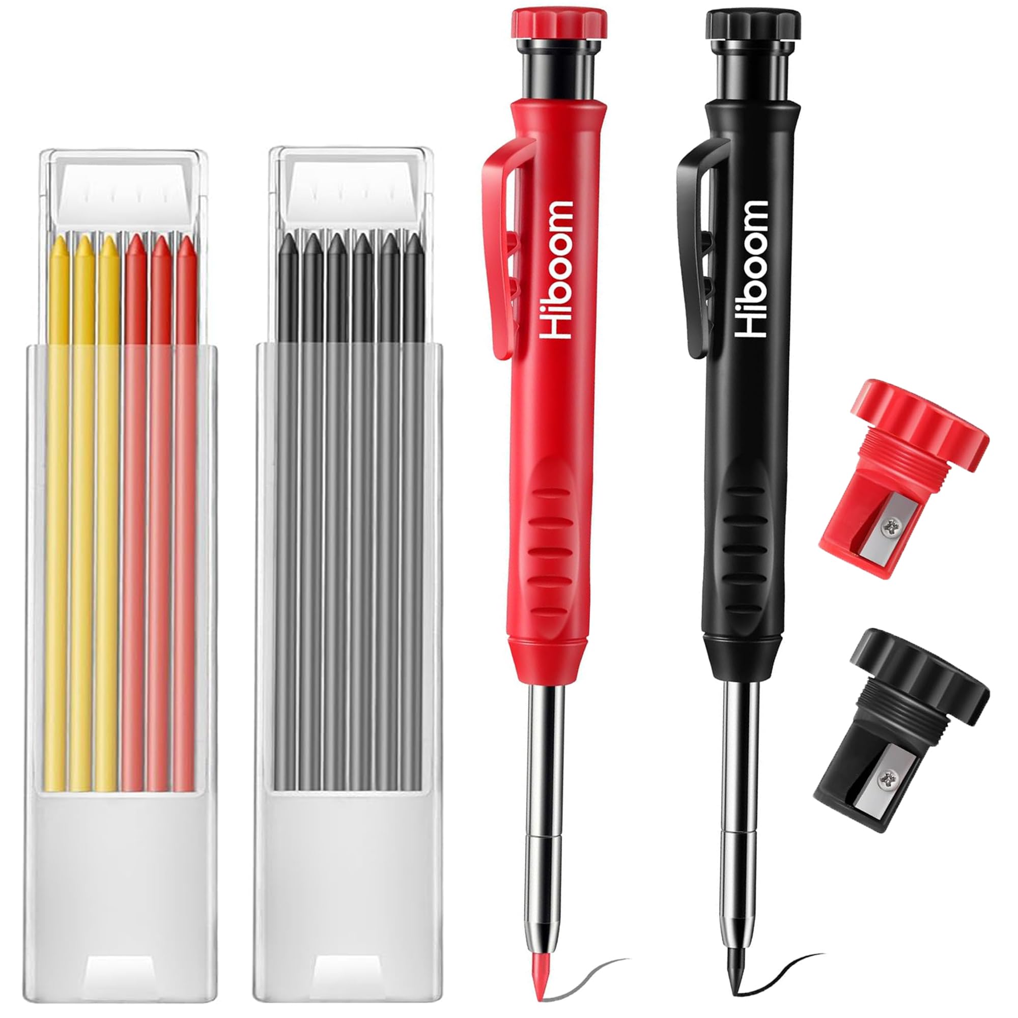 Hiboom 2 Pack Solid Carpenter Pencil with 14 Refill, Long Nosed Deep Hole Mechanical Pencil Marker with Built-in Sharpener for Carpenter Woodworking Architect with Design Patent (Black, Red)