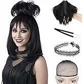 S-noilite Lydia Deetz Wig,Black Wig for Women with Bun and Choker Gothic Witch for Halloween Cosplay 16inch