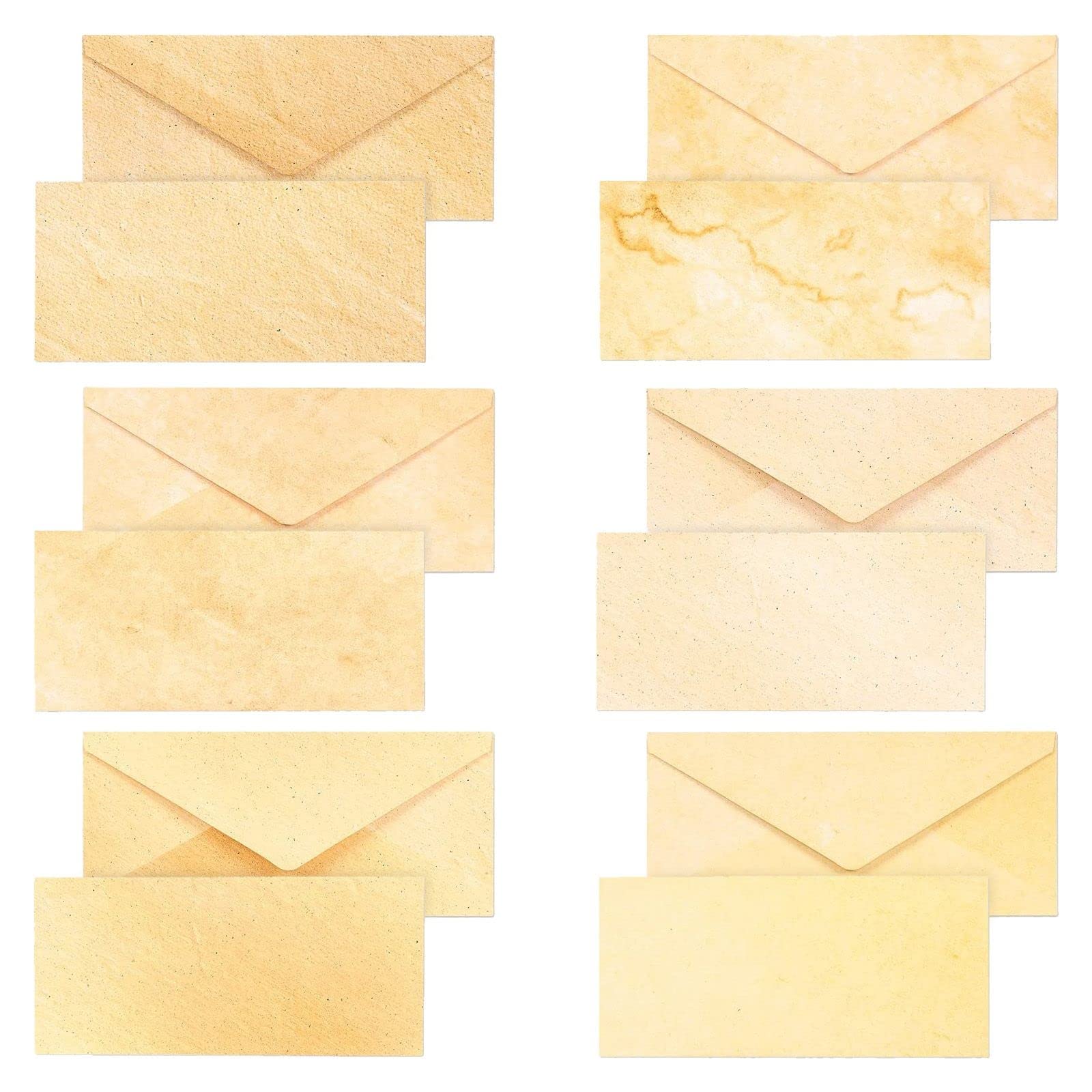 48 Pack Old Fashioned Antique Envelopes for Writing Letters with 6 Vintage Styles, Classic Aged Blank Envelopes for Party Invitations, Home Stationery Supplies (22x10 cm)