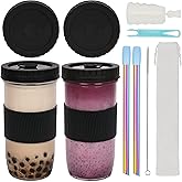UHAPEER 2 Pack Reusable Boba Tea Cups, 24oz Glass Iced Coffee & Smoothie Cups with Lids and Straws, Mason Jar Silicone Sleeve, Perfect for Boba Tea, Juicing