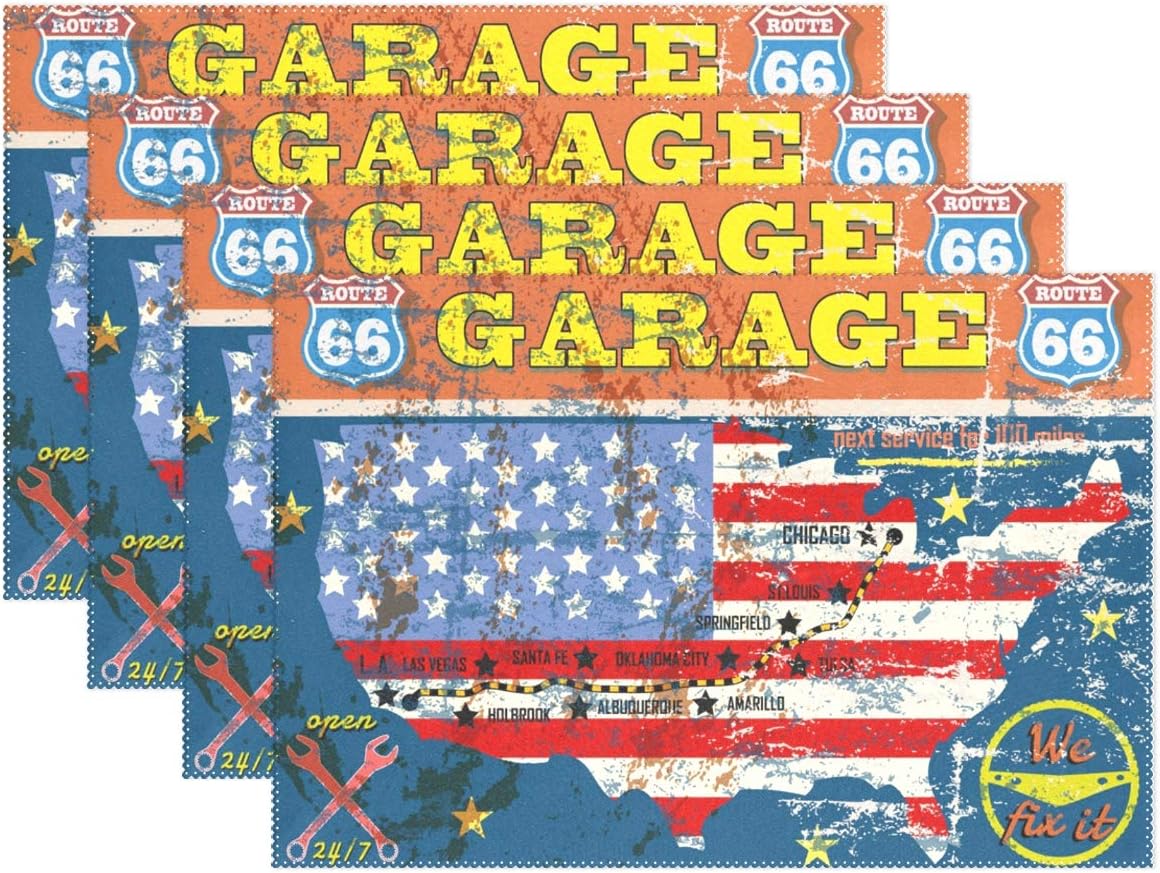Amazon Com Ollabaky Dining Table Mats Route Sixty Six Garage Sign Placemats Set Of 4 Retro Style Table Decoration 12 X 18 Inch Home Kitchen