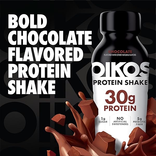 OIKOS PROTEIN SHAKE, CHOCOLATE, 30G HIGH PROTEIN DRINKS, SHELF STABLE, READY TO DRINK, 5G PREBIOTIC FIBER, 12 FL OZ BOTTLE, 12 COUNT​