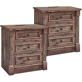 26" Tall Farmhouse Nightstand Set of 2, End Table w/3 Drawers, Light Brown | 23.6"W Large Side Table w/Charging Station, Wood Rustic Bedside Table w/Open Shelf, Sofa Table w/Roman Column for Living Room