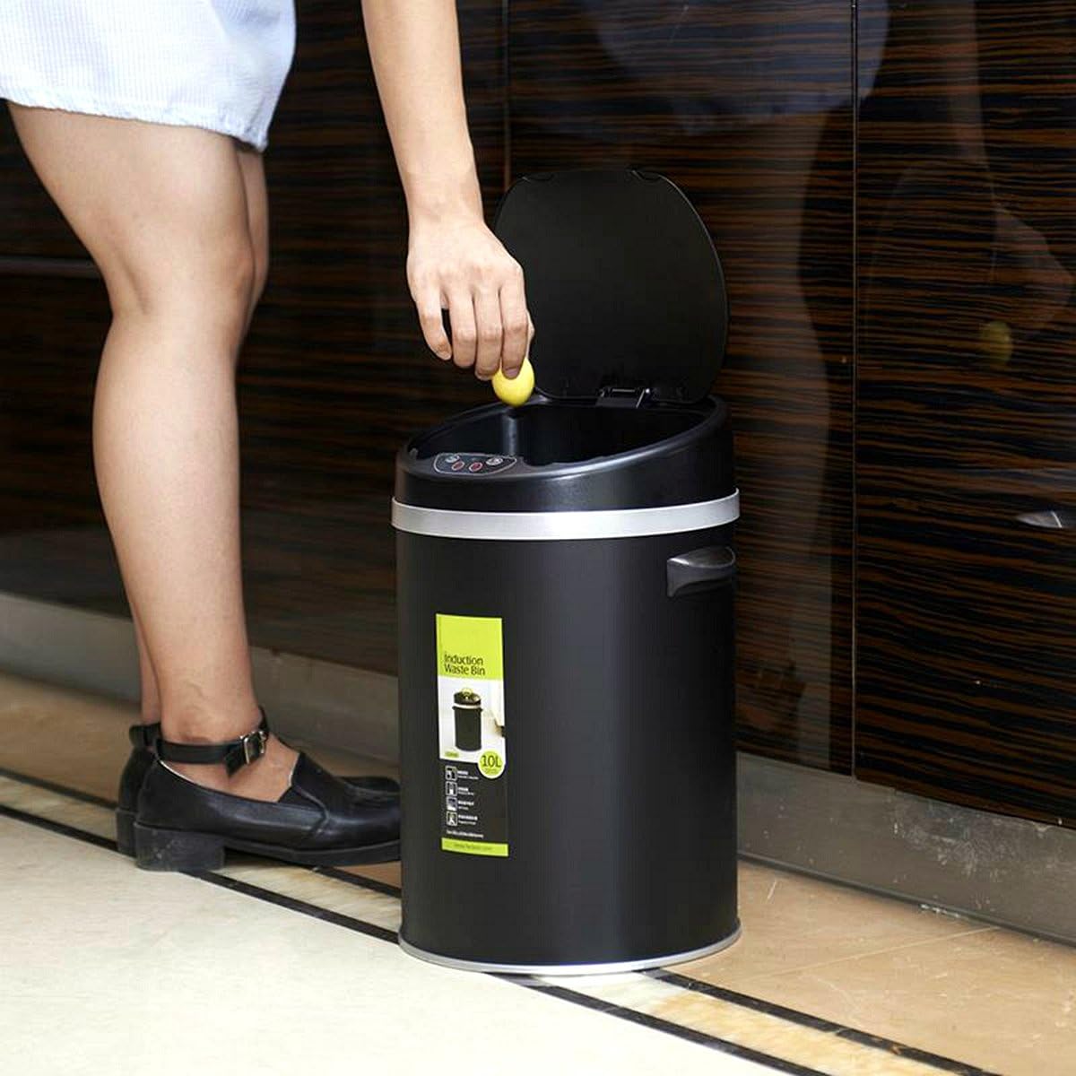 DEARMLSH 10 L/2.2 Gallon Black Induction Waste Bin Automatic Touchless Sensor Stainless Steel Trash With Battery Or USB Can Recycling Bins with Bag Holding Ring