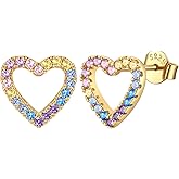 JustBeingCute 14K Gold Sterling Silver Earrings for Women Dainty Hypoallergenic Hollow Heart Stud Colorful Cubic Zirconia Earrings for Women, Birthday Anniversary Christmas Gifts