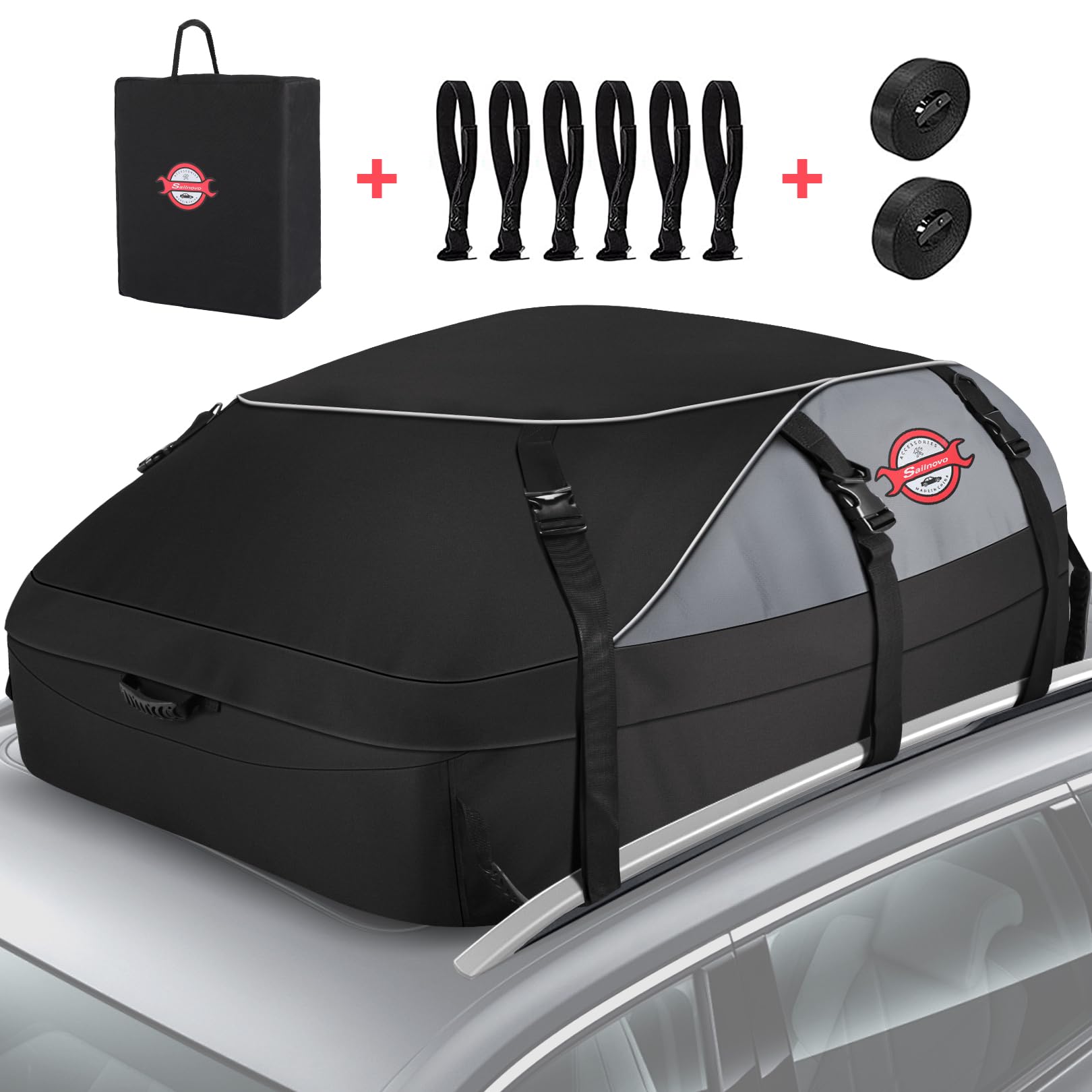 Photo 1 of Sailnovo Rooftop Cargo Carrier, 20 Cubic Feet Waterproof Vehicle Soft-Shell Carriers for Cars with/Without Luggage Rack, Roof Rack Cargo Carrier Includes 6 Door Hooks, Reinforced Strap