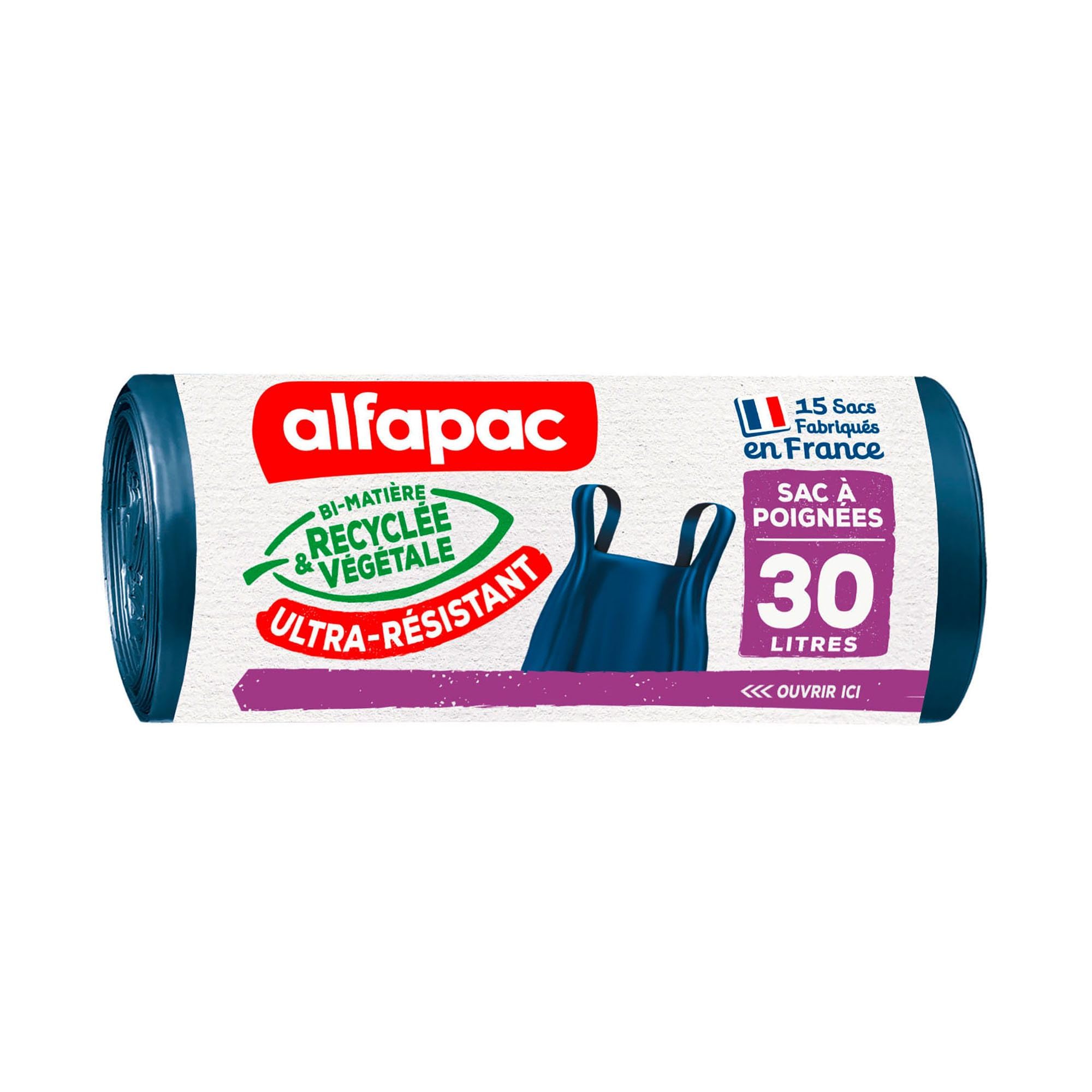 Alfapac - 15 bin bags 30L with ultra-resistant handles - made in France bi-material recycled & vegetal