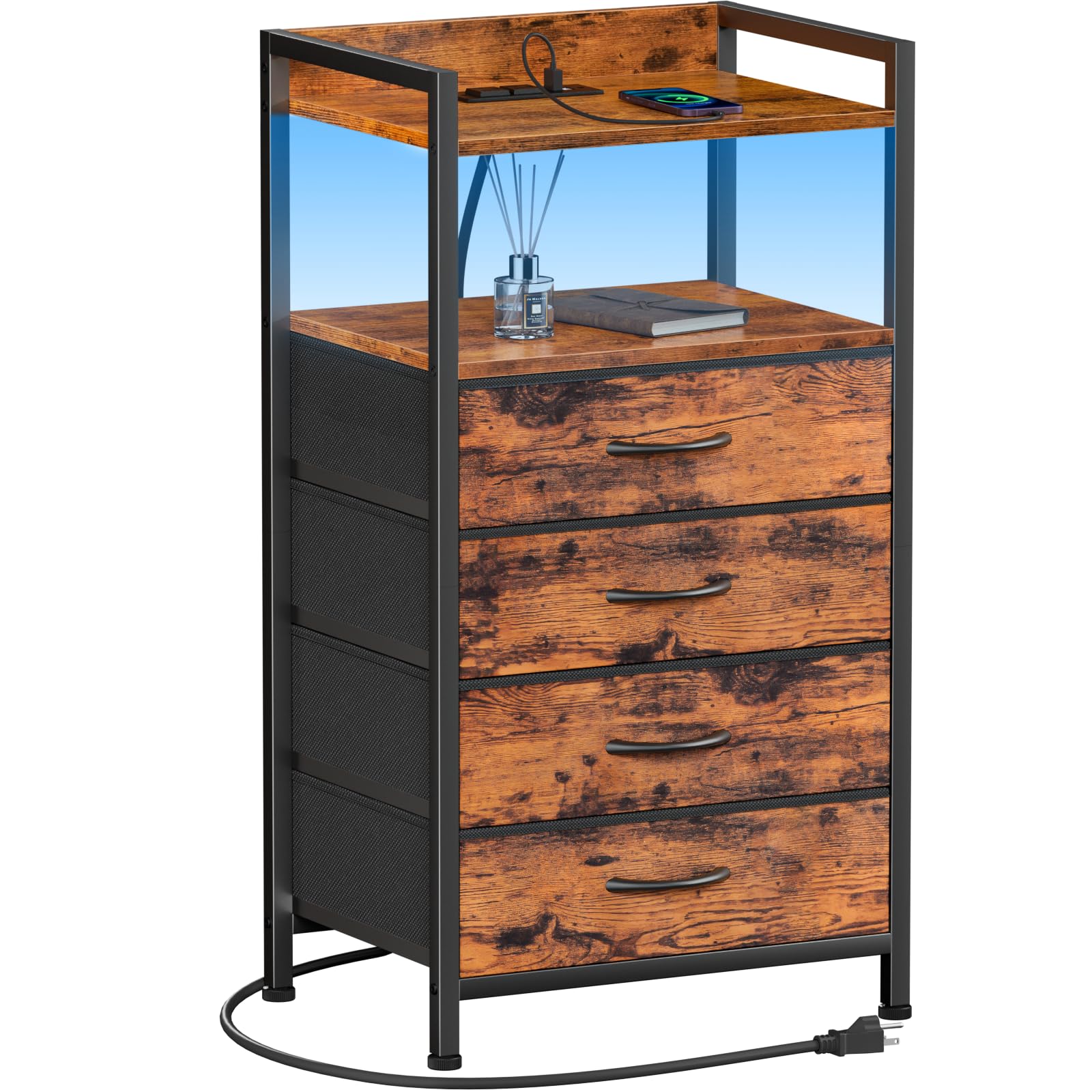 Photo 1 of **MISSING LED'S*** Furnulem Night Stand with Charging Station and Led Light, 4 Drawer Dresser for Bedroom, Small Nightstand Bedside Table, Fabric Bins, Metal Frame, Wood Shelf, Side Furniture(Rustic Brown)