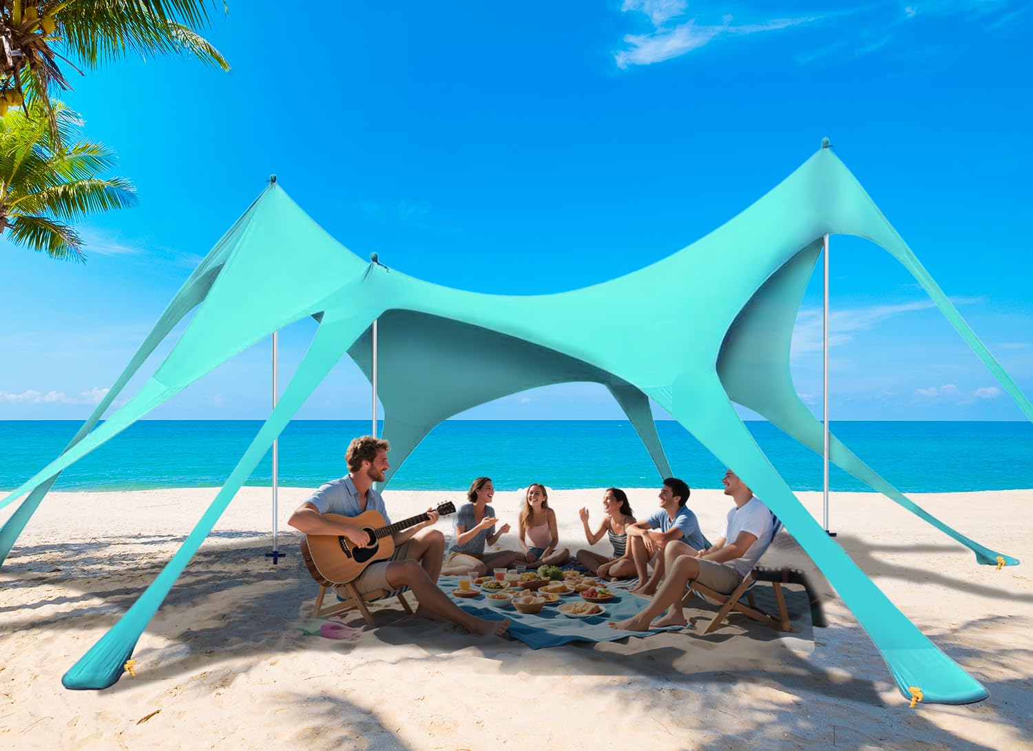 Photo 1 of Vilupvie Beach Tent Sun Shelter Sunshade 20x13FT, UPF50+ Beach Canopy Tent Sun Shade with 8 Sandbags & 3 Stability Poles, Outdoor Shade Beach Canopy for Camping, Fishing, Backyard, Picnics (Turquoise)