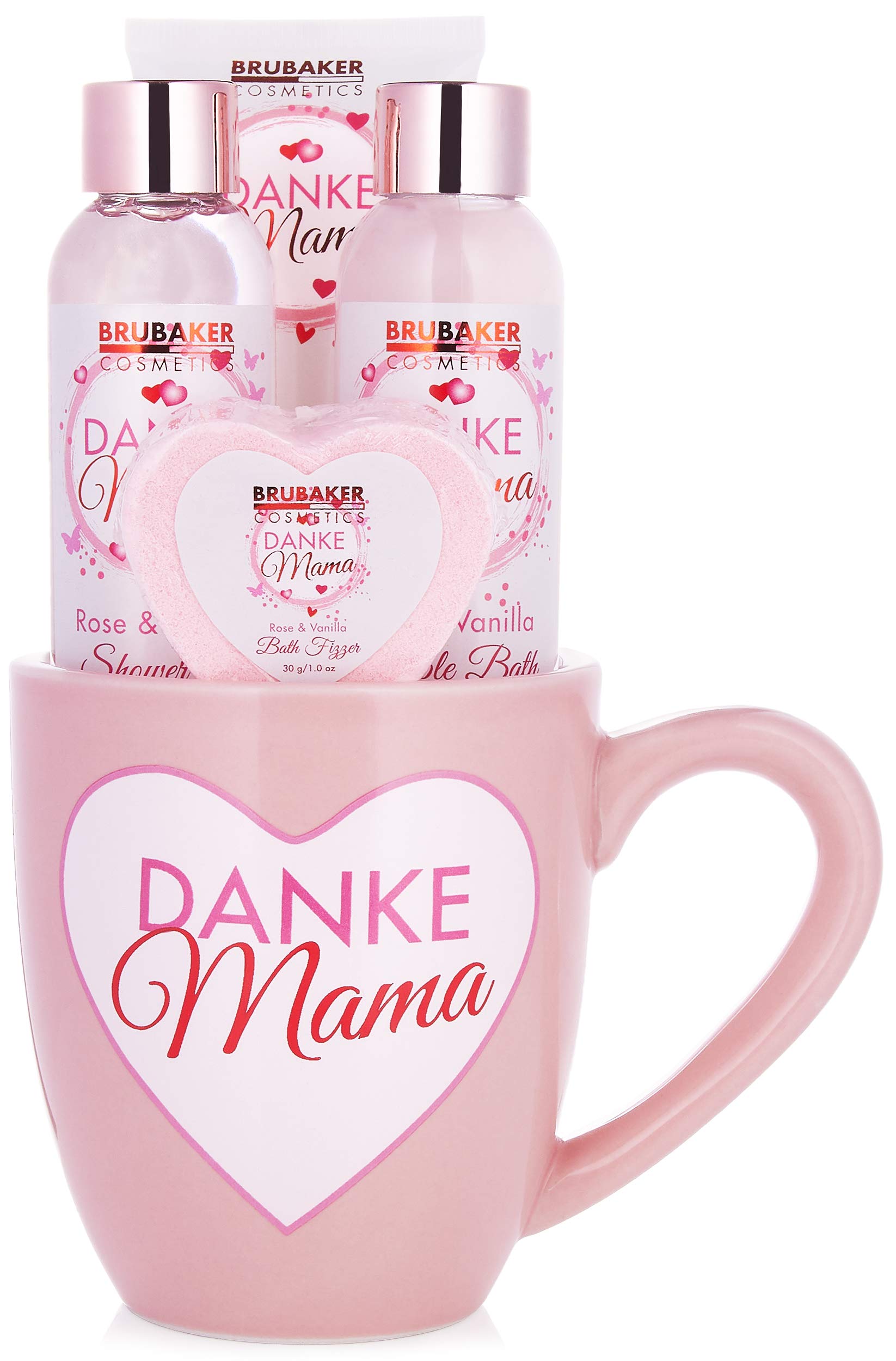 BRUBAKER Cosmetics - Thank you Mum - Spa Gift Box - Bath and Shower Set for Moms - Roses and Vanilla - in Mug with Heart Decor - 5 Pcs