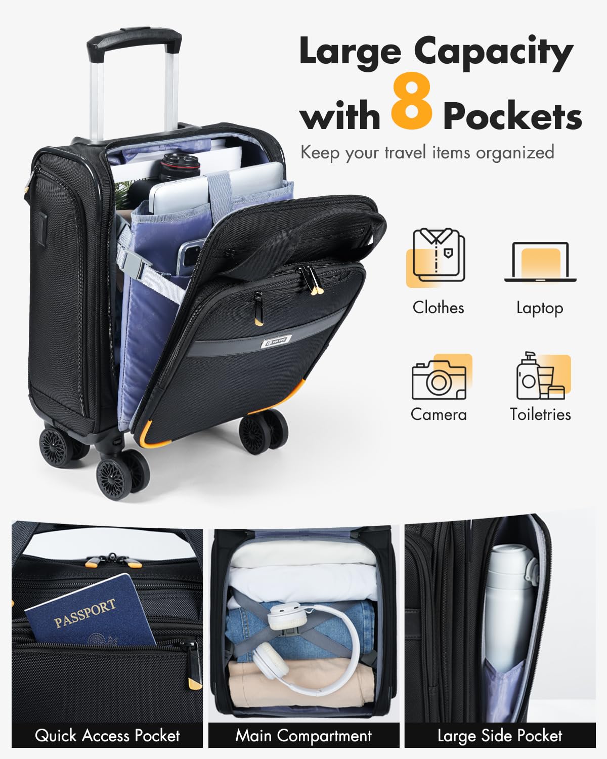 YULEEE Underseat Carry On Luggage with Spinner Wheels,16-Inch Softside Suitcase with USB Charging Port, Lightweight Travel Bag Airline Approved for Men Women, Black