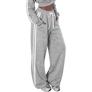 EXLURA Womens Cotton Baggy Wide Leg Track Pants Side Stripe Cargo Pants | Elastic Waist Straight Leg Sweatpants with Pockets,