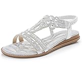iCKER Women Rhinestone Sandals T-Strap Buckle Bohemian Pearl Crystal Flat Sandals