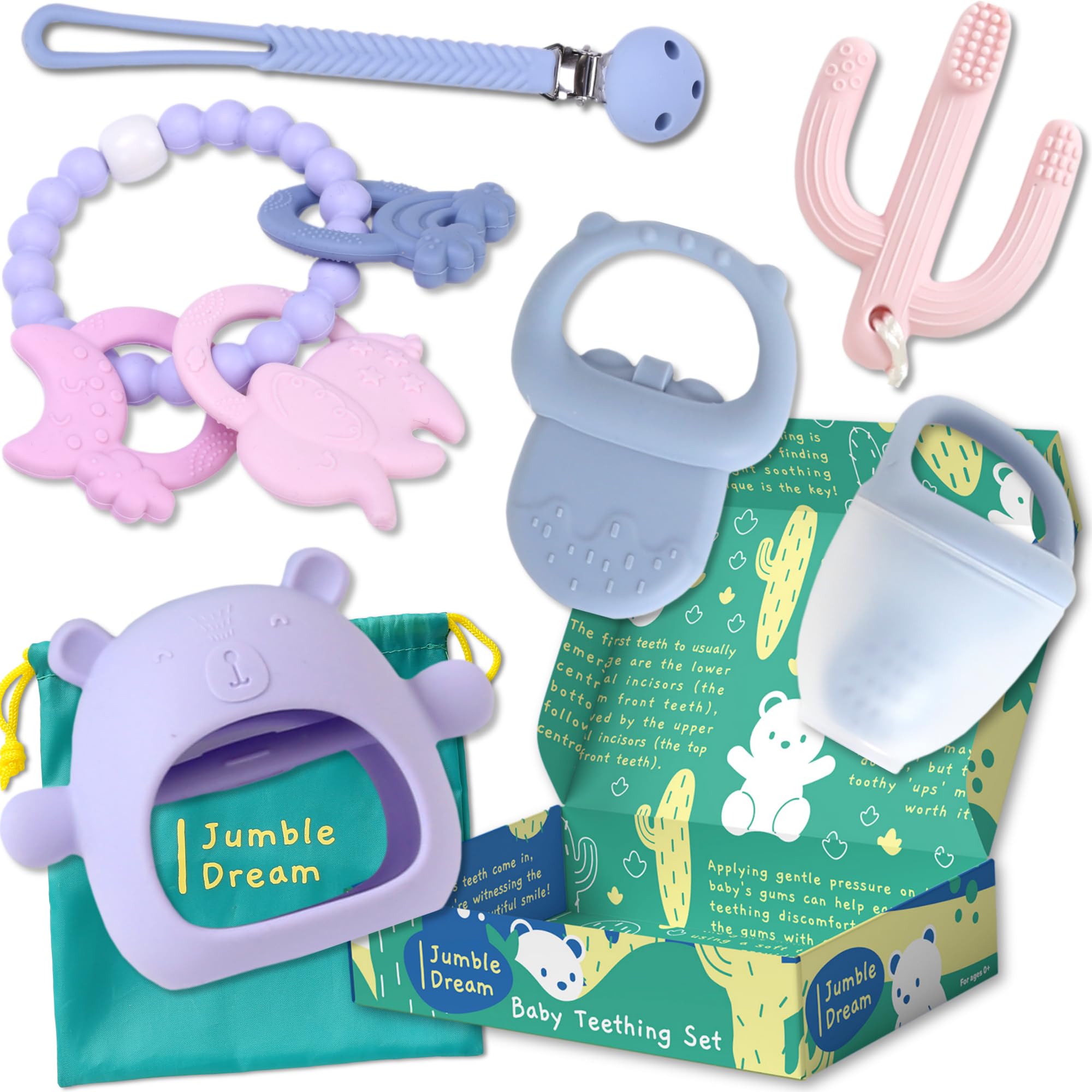Teething Essentials Kit - BPA-Free Teething Toys for Baby Gift - Includes Fruit Feeder, Cooling Teether, Brush, & More - Easy-to-Hold, Safe for 0-12 Months+