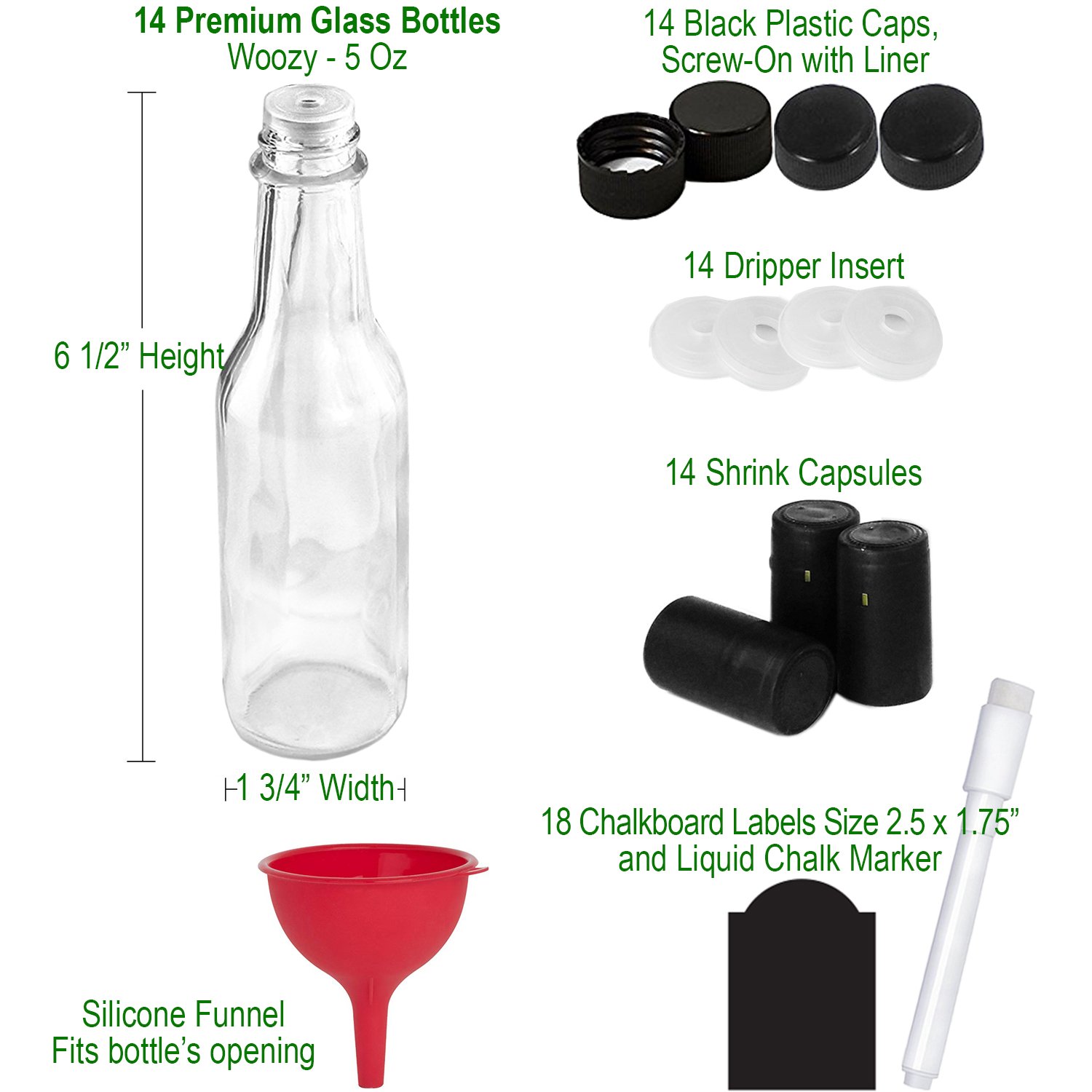 14PACK Hot Sauce Bottles 5oz with Caps, Funnel for Kitchen, Chalk
