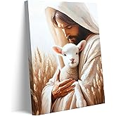 Jesus Embraces Lambs Canvas Wall Art Christ The Good Shepherd Wall Decor Picture The Lost Lamb Poster Print for Living Room Bedroom Church Home Room Decoration Prepare To Hang