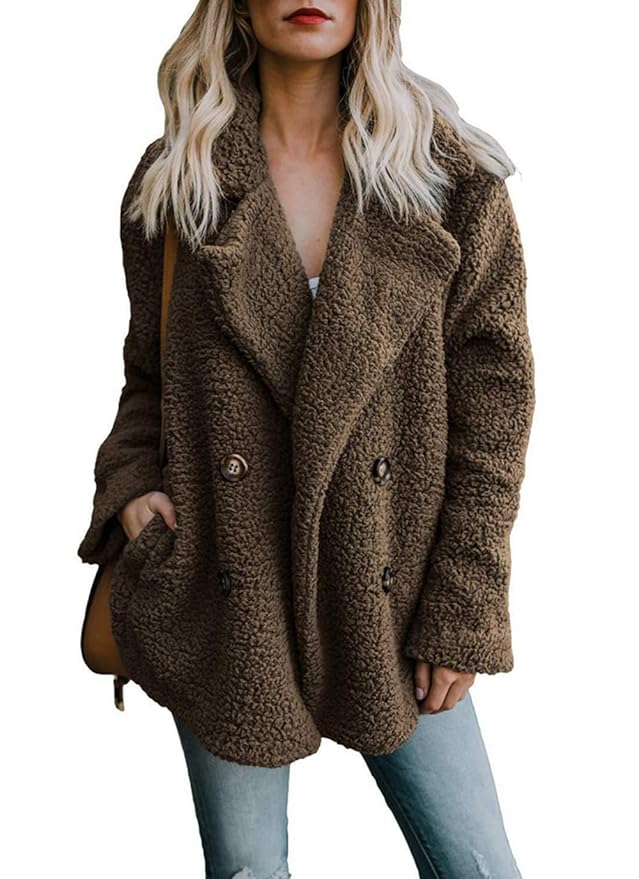ZIYYOOHY Damen Mantel Teddy Cardigan Faux Für Revers Oversize Plüschjacke Winterjacke Kurz Coat Parka Outwear Mit Tasche