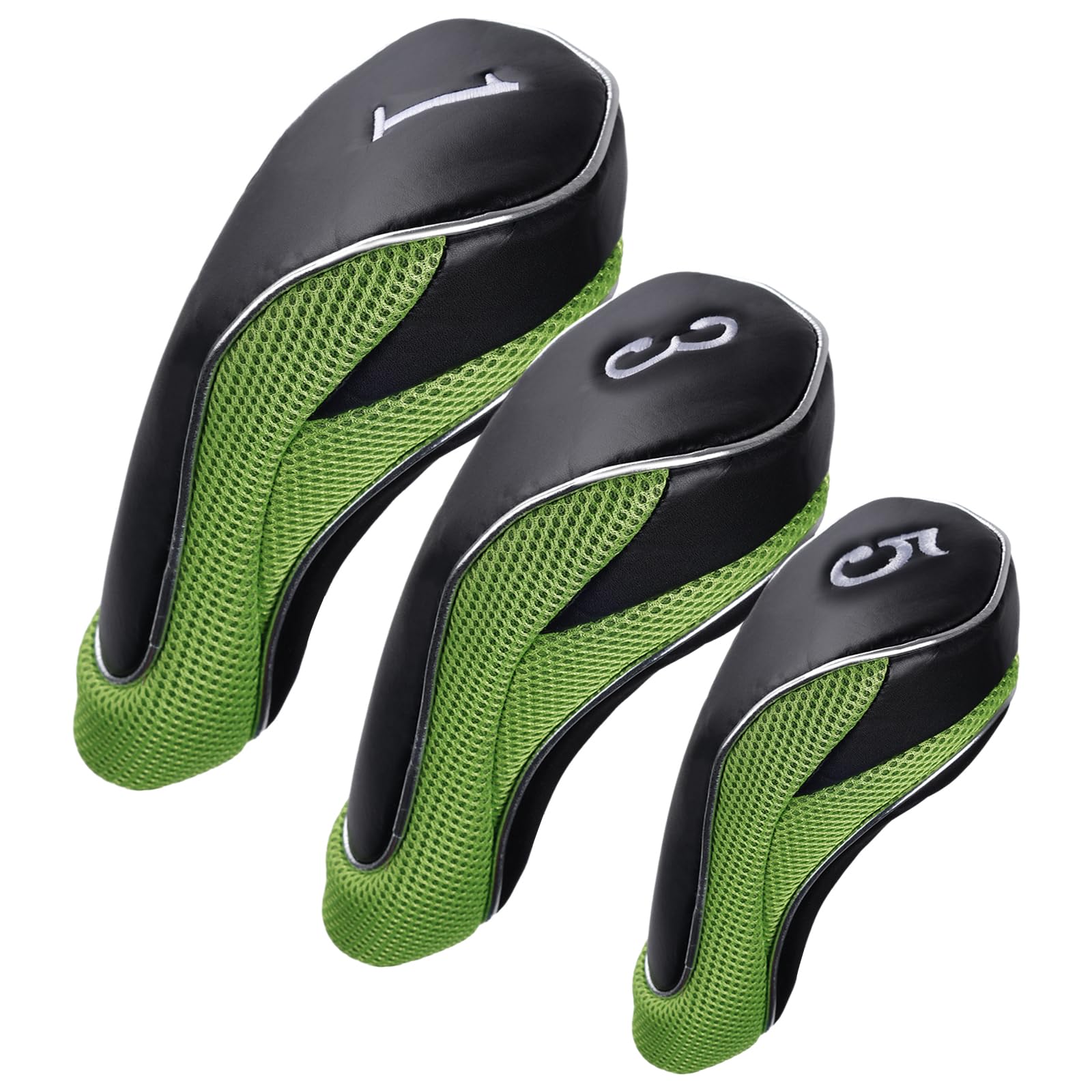 Andux Golf Club 460cc Driver Fairway Wood Head Covers with Hook & Loop Set of 3 (Black/Green)